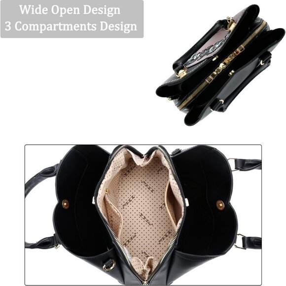 Women’s black Purple Triple Compartment Satchel Fashion Top Handle Shoulder Bag - Picture 7 of 7